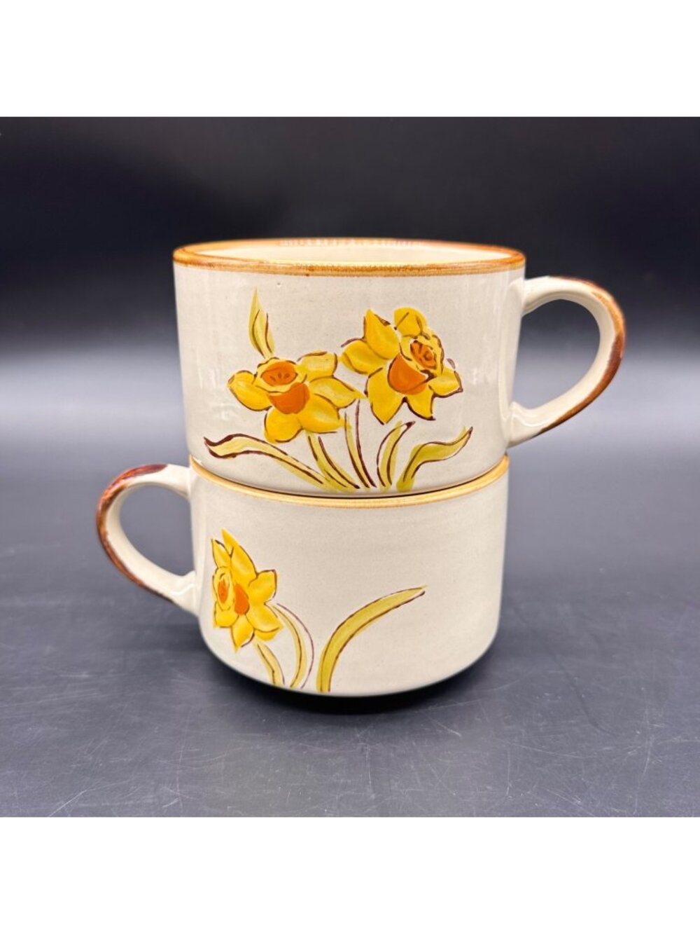 Vintage Soup Mugs Yellow Daffodil Flowers 1980s Korea Floral Oversized Cup Retro